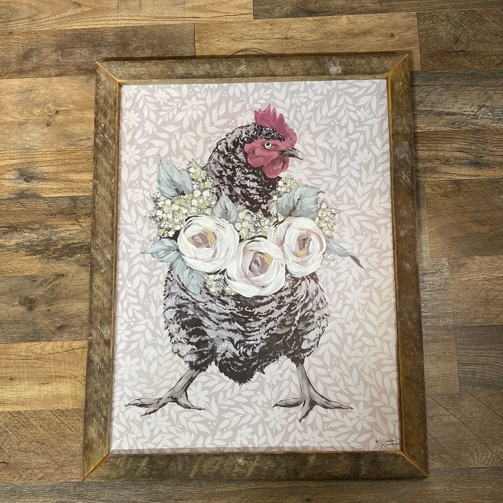 Framed Chicken Art with Floral Accents